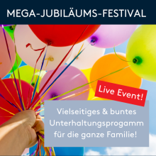 Hand hält bunte Luftballons beim Mega-Jubiläums-Festival mit vielseitigem Unterhaltungsprogramm für Familien.