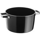 Schwarzer Kochtopf aus Edelstahl mit zwei Griffen, ideal zum Kochen und Schmoren in der Küche.