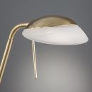 Moderne Messing-Schreibtischlampe mit gebogenem Arm und weißem Lampenschirm vor grauem Hintergrund.