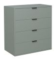 Graue Kommode mit vier Schubladen, modernem Design und glatten Fronten, ideal für Schlafzimmer oder Büro.