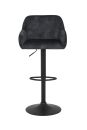 Moderner, hu00f6henverstellbarer Barhocker mit schwarzem Stoffbezug, Armlehnen und rundem Metallfuu00df.