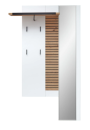 Moderne Garderobe mit Spiegel, Holzpaneelen, Haken und Ablage in Weiß und Holz für Flur oder Eingangsbereich.