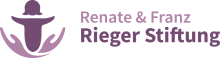 Logo der Renate & Franz Rieger Stiftung mit stilisierter Figur in schützenden Händen und violettem Schriftzug.