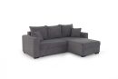 Graues Ecksofa mit Ottomane, weichem Stoffbezug und Kissen, modernes Design, Wohnzimmermu00f6bel auf weiu00dfem Hintergrund.