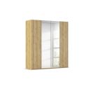 Moderner Kleiderschrank aus Holz mit Spiegeltüren, vier Türen, Metallgriffen und natürlicher Eichenoptik.