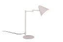 Moderne, weiu00dfe Schreibtischlampe aus Metall mit verstellbarem Arm und rundem Standfuu00df auf weiu00dfem Hintergrund.