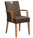 Moderner Holzstuhl mit Armlehnen, braunem Polstersitz und gepolsterter Rückenlehne, geeignet für Esszimmer.
