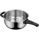 Edelstahl-Schnellkochtopf mit schwarzem Griff, Messskala innen, ideal zum schnellen Kochen und Schmoren.