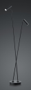 Zwei moderne, schwarze Stehlampen mit schlanken Ständern und zylindrischen Leuchten auf grauem Hintergrund.