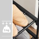 Schuhregal aus schwarzem Metall mit beigen Schuhen, Belastbarkeit bis 5 kg, modernes Design, Nahaufnahme.