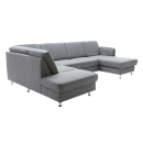 Graues Ecksofa mit modernem Design, Stoffbezug und verchromten Füßen, ideal für Wohnzimmer-Einrichtung.