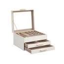 Weiße Schmuckbox mit Spiegel, zwei offenen Schubladen und Fächern zur Schmuckaufbewahrung, modern und elegant.