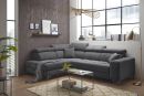 Graues Ecksofa mit verstellbaren Kopfstützen, moderner Polsterung und Metallfüßen, Wohnzimmermöbel.