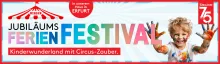Bunte Werbegrafik für das „Jubiläums-Ferien-Festival“ in Erfurt mit einem lachenden Kind, dessen Hände und Kleidung mit Farbe bemalt sind. Im roten Kreis steht: „Kinderwunderland mit Zirkus-Zauber“. Oben rechts befindet sich das Logo „75 Jahre Jubiläum“.