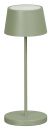 Moderne, grüne Tischlampe mit rundem Fuß und schlichtem Design, ideal für Wohnzimmer oder Büro.