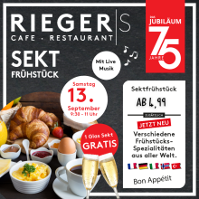 Werbung für Sektfrühstück im Rieger Café mit Live-Musik, gratis Sekt, Frühstücksspezialitäten und Jubiläum.