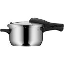 Edelstahl-Schnellkochtopf mit schwarzem Griff und Deckel, Küchengerät für schnelles und energiesparendes Kochen.