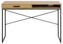 Moderner Schreibtisch aus Holz mit schwarzem Metallgestell, einer Schublade und offenem Fach, minimalistisch designt.