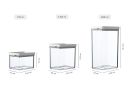 Drei transparente Vorratsdosen mit Deckel, 700ml, 1100ml und 2000ml, Maße und Füllmengen angegeben.
