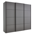 Großer, moderner Kleiderschrank mit drei grauen Schiebetüren, minimalistisches Design, Schlafzimmermöbel.