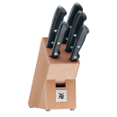 WMF Messerblock aus Holz mit fünf schwarzen Küchenmessern, ideal für sicheres und stilvolles Schneiden.