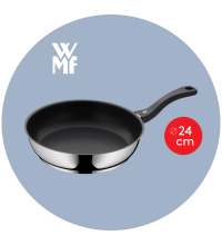 Schwarze WMF-Bratpfanne Modell „Devil“ auf rundem Hintergrund mit WMF-Logo und rotem Hinweis „Durchmesser ca. 24 cm"