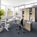 Moderne, helle Büroeinrichtung mit Holz- und Grauelementen, Besprechungstisch, Pflanzen und viel Tageslicht.