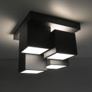 Moderne LED-Deckenleuchte mit vier schwarzen, würfelförmigen Lampen, minimalistisch und energiesparend.