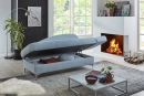 Modernes Wohnzimmer mit Schlafsofa, Stauraum, Kaminfeuer, großen Fenstern und stilvoller Dekoration.