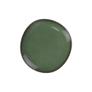 Grüner, runder Keramikteller mit glänzender Oberfläche, modernes Geschirr, minimalistisches Design