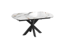 Moderner Esstisch mit weißer Marmorplatte und schwarzem Metallgestell, elegantes Design für Esszimmer.