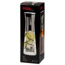 Glaskaraffe Simax 1,1l mit Deckel, auf Verpackung mit Wasser, Eiswu00fcrfeln, Limetten und Gurkenscheiben abgebildet.