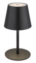 Schwarze, moderne Tischlampe mit rundem Lampenschirm und stabilem Standfuß auf weißem Hintergrund.