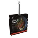 WMF Steak Profi Pfanne 28 cm in Verpackung, mit gebratenem Steak, Kräutern und Knoblauch, Antihaftbeschichtung.