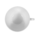 Weiße, leere Kaffeetasse aus Porzellan, von oben fotografiert, auf weißem Hintergrund, minimalistisches Design.