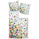 Bunte Bettwäsche mit farbigen Kreisen auf weißem Hintergrund, modernes Design, hochwertige Baumwolle.