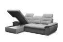 Graues Ecksofa mit Bettkasten, moderner Polsterbezug, Stauraumfunktion, Wohnzimmermöbel, aufgeklappt.